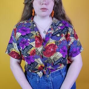 Vintage AM Sport Purple Red Floral Short Sleeve Button Up Blouse, M